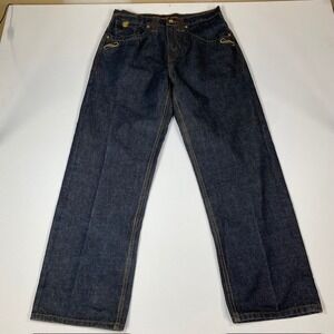 Rocawear Denim Jeans Size 32 Embroidered Gold Stitching Logo Dark Wash Mens